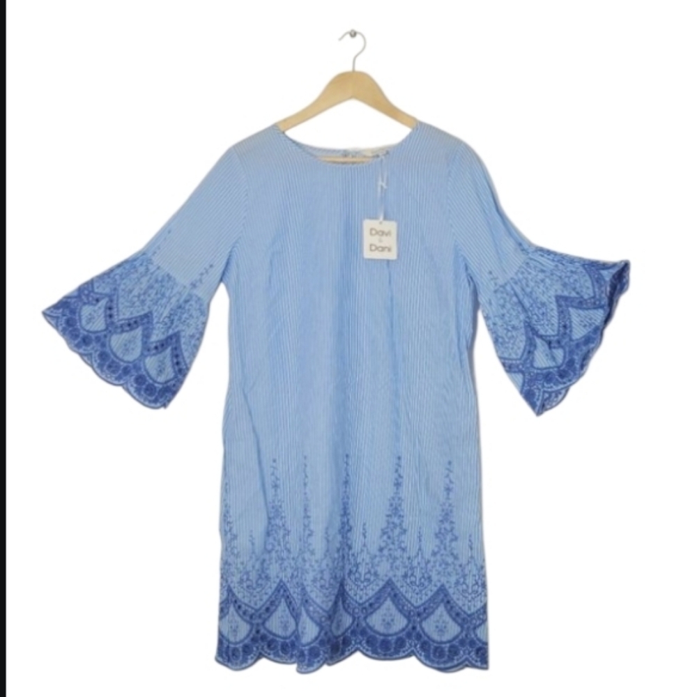 DAVI & DANI 100% Cotton Blue Striped Bell Sleeves Embroidered Shift Dress NEW